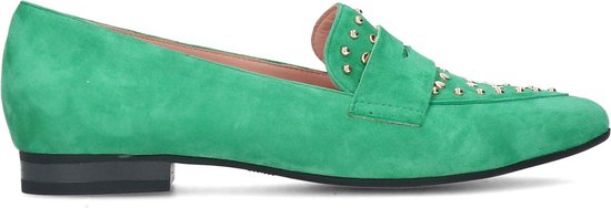 Manfield - Dames - Groene suède loafers met goudkleurige studs - Maat 37