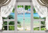 Fotobehang - Vlies Behang - Uitzicht op de Tropische Zee vanuit het Raam 3D - 152,5 x 104 cm