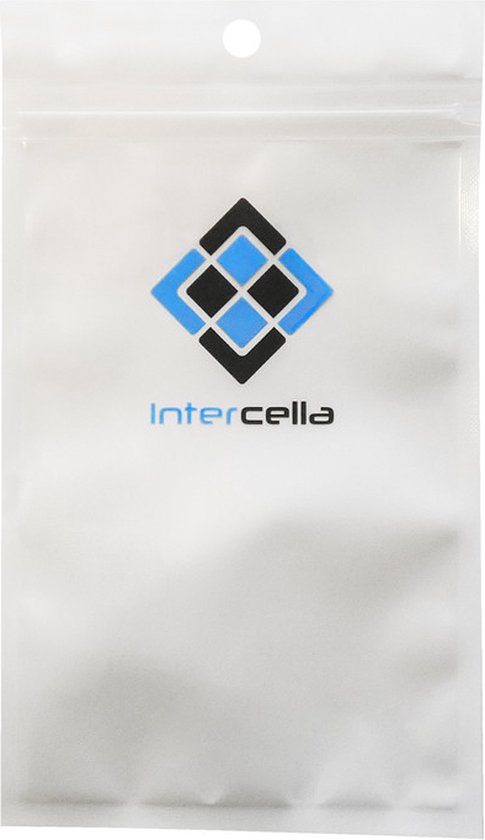 Witte plastic verpakking met het Intercella logo: een blauw en zwart ruitpatroon boven het woord Intercella.
