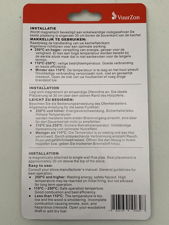 Handleiding voor de VuurZon thermometer, met installatie-instructies en stookadvies.