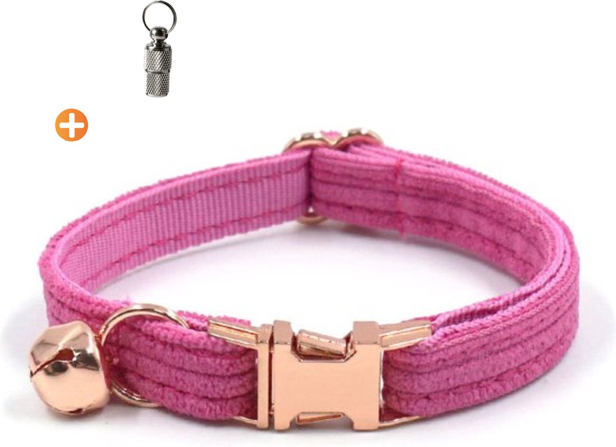 ACE Pets Kattenhalsband met belletje – Halsband Kat & Kitten - Kittenhalsband & Kattenbandje - Kattenbelletje - Pluche velvet - Fuchsia roze