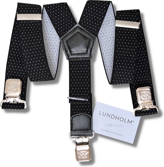 Lundholm Bretels heren volwassenen zwart witte stippen 3 clips - extra stevig hoge kwaliteit - Scandinavisch design - mannen cadeautjes tip | Lundholm Bastad serie