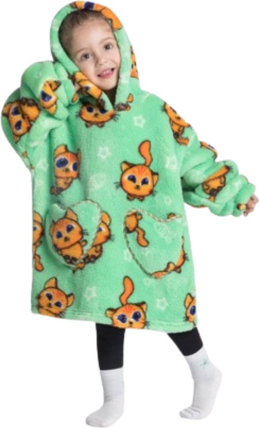Katjes fleece hoodie deken met mouwen - fleece poncho voor kinderen – fleece plaid met mouwen - hoodie blanket - kids 3/7 jaar – maat 98/128 – lengte 60 cm – warm & zacht – relax outfit kids – groen - Badrock