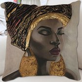 Allernieuwste.nl® Kussen Gouden Afrikaanse Vrouw - Kussenhoes polyester peach skin Perzikhuid - Kussenovertrek - Kleur Zwart Goud 45 x 45 cm