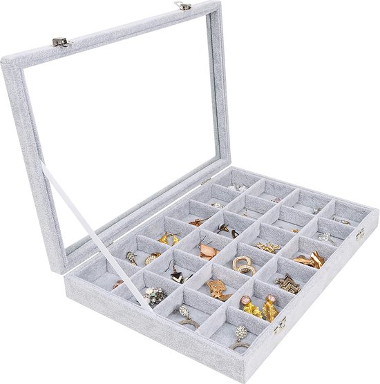 Belle Vous Grijs Velours Sieraden Organiser Display Doos Tray, 24 Secties & Glazen Deksel – Stapelbare Tray Voor Lades – Aanpasbare Opslag Raster voor Ringen, Ketting, Armbanden, Oorbellen en Horloges