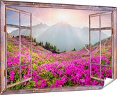 Gards Tuinposter Doorkijk Rhododendron Bloemenveld in de Alpen - 180x120 cm - Tuindoek - Tuindecoratie - Wanddecoratie buiten - Tuinschilderij