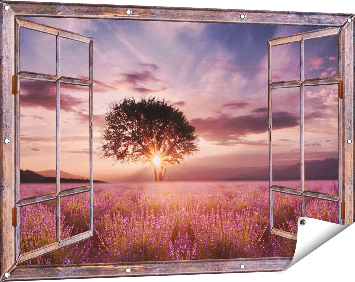 Gards Tuinposter Doorkijk Bloemenveld met Lavendel bij Zonsondergang - 120x80 cm - Tuindoek - Tuindecoratie - Wanddecoratie buiten - Tuinschilderij
