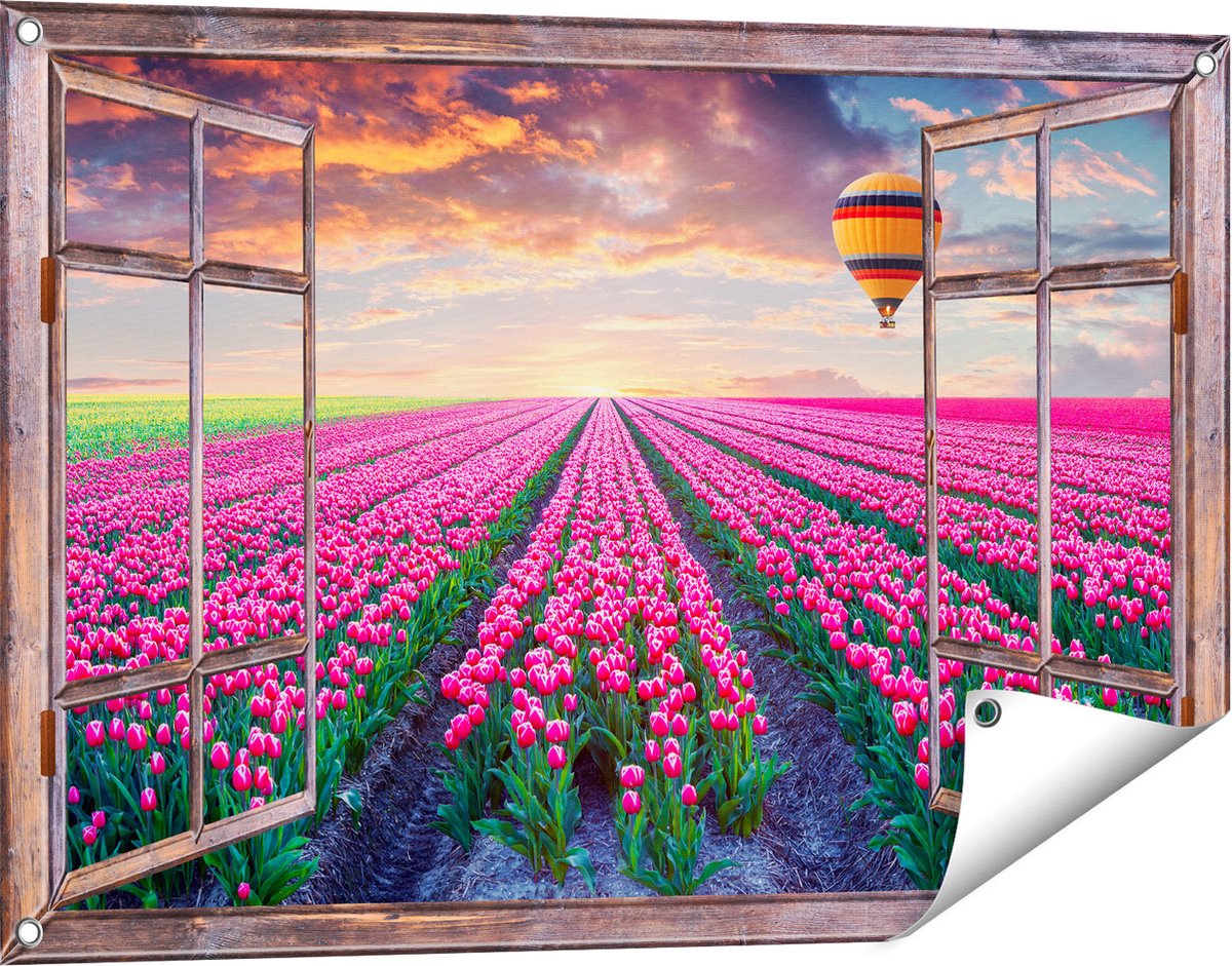 Gards Tuinposter Doorkijk Bloemenveld met Roze Tulpen - Luchtballon - 90x60 cm - Tuindoek - Tuindecoratie - Wanddecoratie buiten - Tuinschilderij
