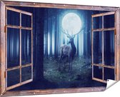 Gards Tuinposter Doorkijk Hert in het Bos tijdens Volle Maan - 180x120 cm - Tuindoek - Tuindecoratie - Wanddecoratie buiten - Tuinschilderij
