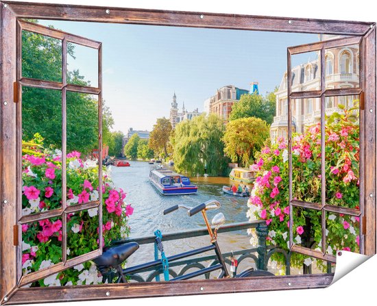Gards Tuinposter Doorkijk Amsterdamse Kanaal met Bloemen - 180x120 cm - Tuindoek - Tuindecoratie - Wanddecoratie buiten - Tuinschilderij