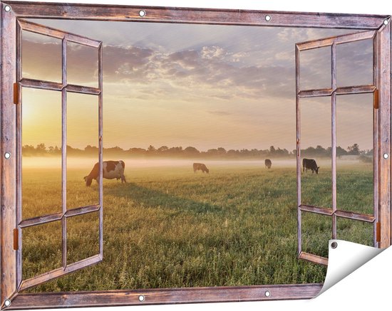 Gards Affiche de jardin Vaches transparentes dans le pré au lever du soleil - 120x80 cm - Toile jardin - Décoration de jardin - Décoration murale extérieur - Tableau jardin