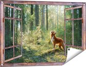 Gards Tuinposter Doorkijk Retriever Hond in het Bos met Zon - 90x60 cm - Tuindoek - Tuindecoratie - Wanddecoratie buiten - Tuinschilderij