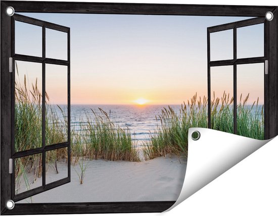 Gards Tuinposter Doorkijk Zee vanuit Duinen met Zonsondergang - 60x40 cm - Tuindoek - Tuindecoratie - Wanddecoratie buiten - Tuinschilderij