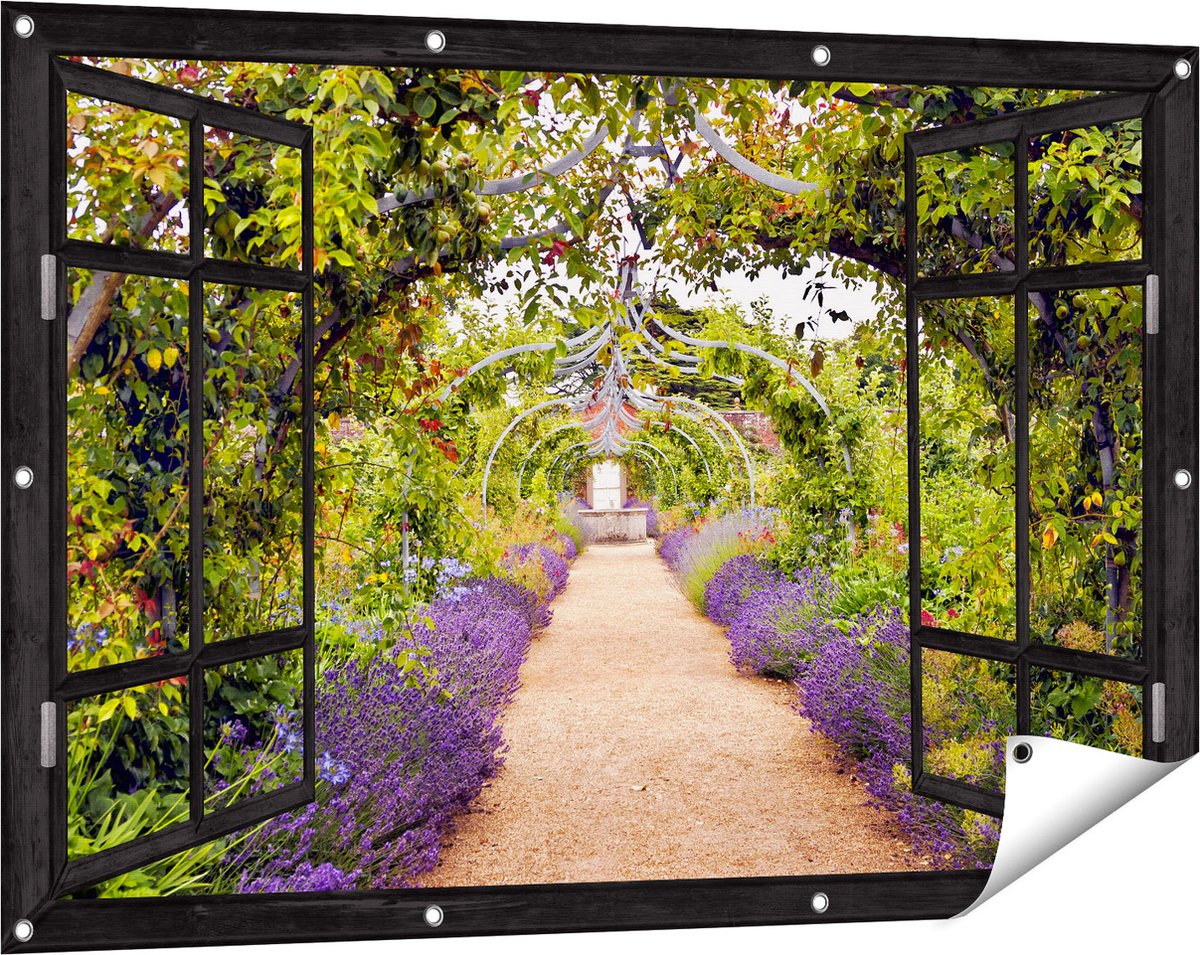 Gards Tuinposter Doorkijk Lavendel Pad - 120x80 cm - Tuindoek - Tuindecoratie - Wanddecoratie buiten - Tuinschilderij Zwart