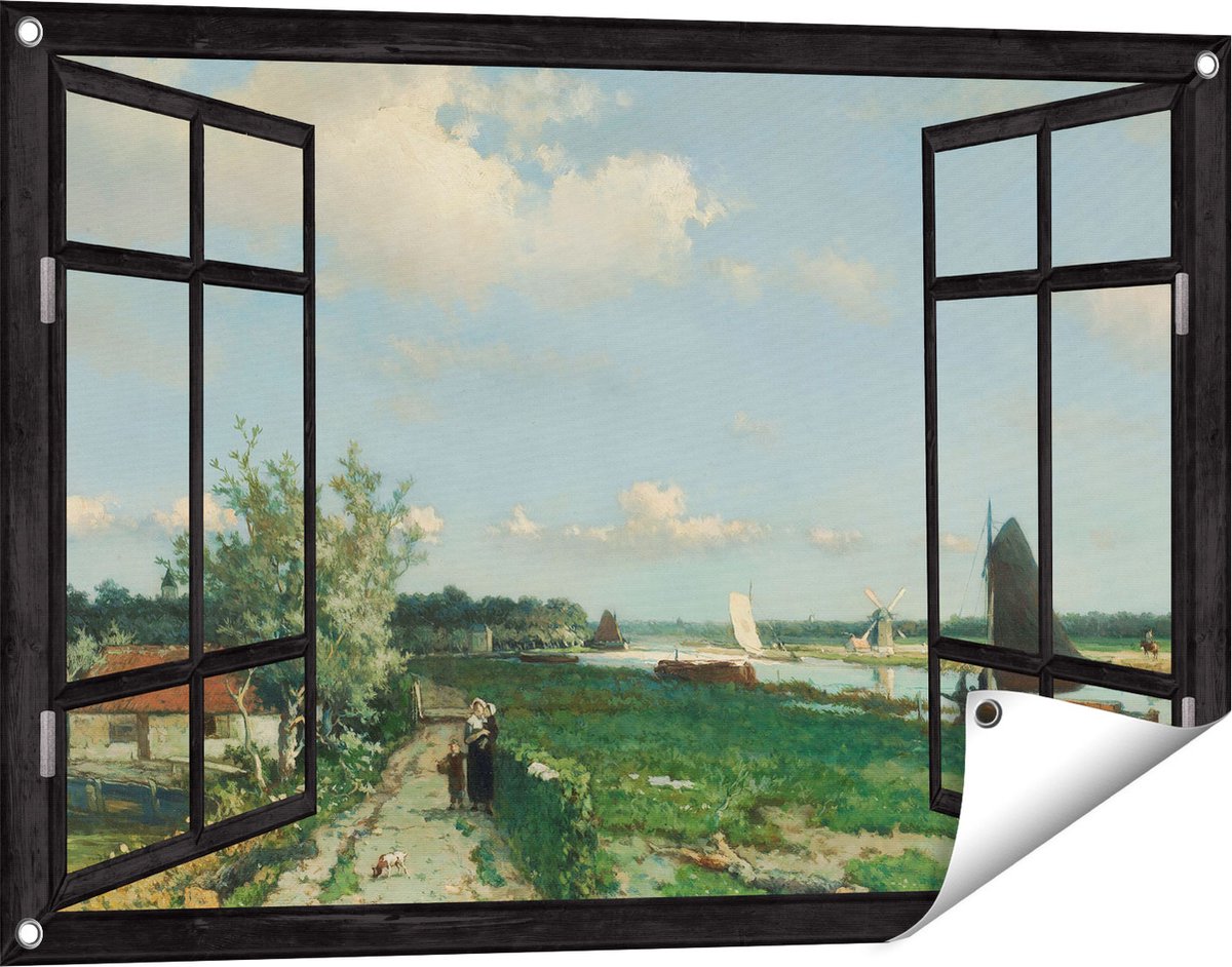 Gards Tuinposter Doorkijk De Trekvliet bij Rijswijk - Jan Hendrik Weissenbruch - 90x60 cm - Tuindoek - Tuindecoratie - Wanddecoratie buiten - Tuinschilderij Zwart