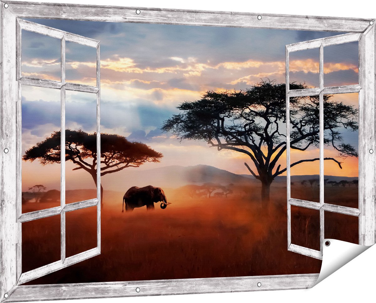 Gards Tuinposter Doorkijk Olifant in het Wild - Savanne - 150x100 cm - Tuindoek - Tuindecoratie - Wanddecoratie buiten - Tuinschilderij Grijs