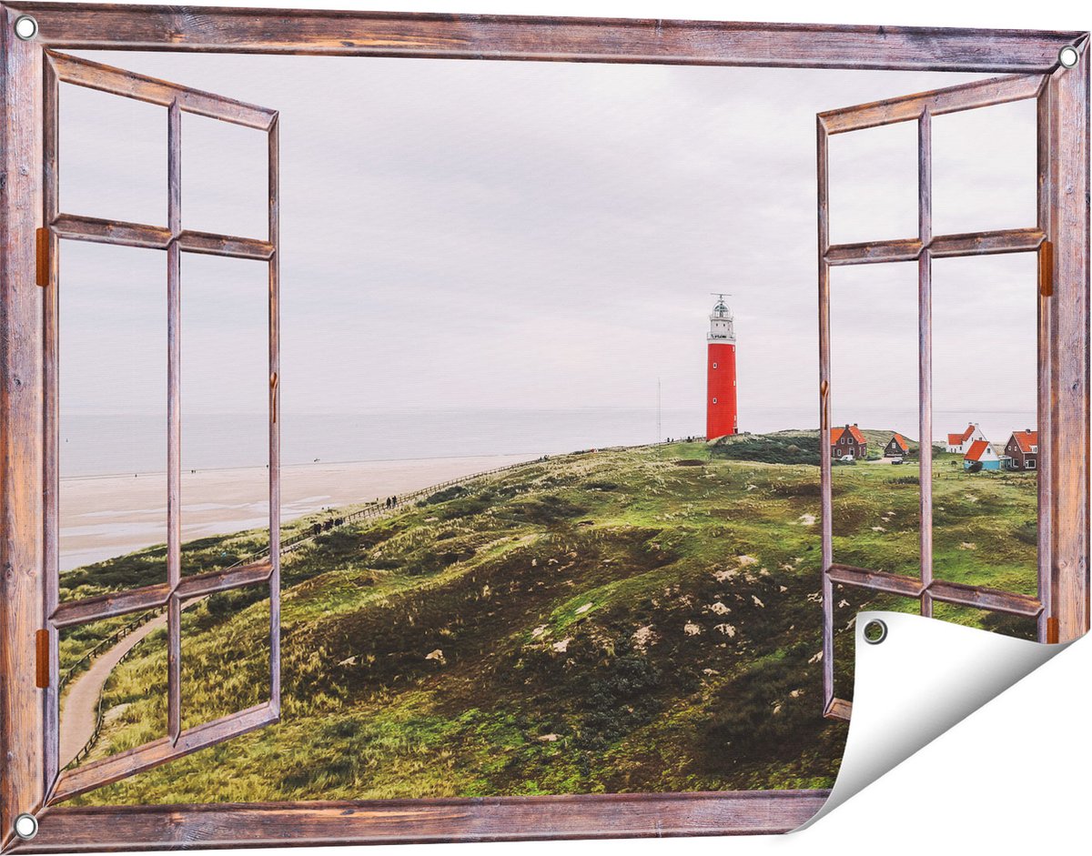 Gards Tuinposter Doorkijk Vuurtoren Texel - 90x60 cm - Tuindoek - Tuindecoratie - Wanddecoratie buiten - Tuinschilderij bruin