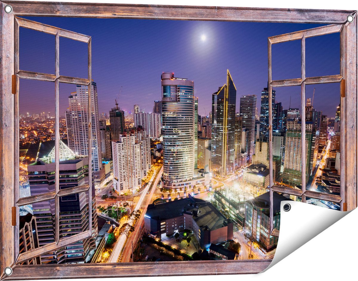 Gards Tuinposter Doorkijk Makati Stad Skyline in de Nacht in Thailand - 90x60 cm - Tuindoek - Tuindecoratie - Wanddecoratie buiten - Tuinschilderij Bruin