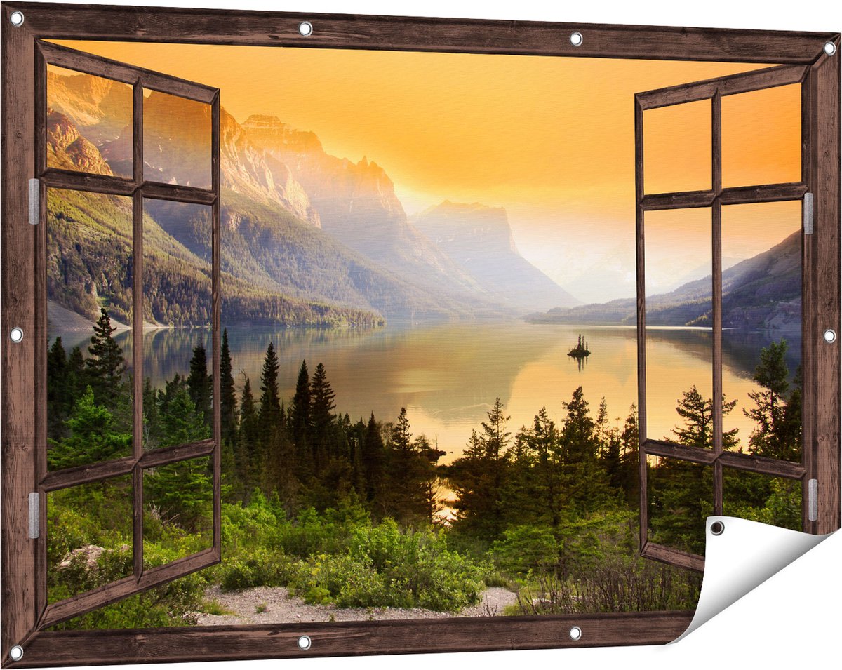 Gards Tuinposter Doorkijk Bergen met een Meer in Nationaal Park Glacier - 120x80 cm - Tuindoek - Tuindecoratie - Wanddecoratie buiten - Tuinschilderij donker bruin