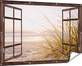 Gards Tuinposter Doorkijk Strand en Duinen tijdens Zonsondergang - 150x100 cm - Tuindoek - Tuindecoratie - Wanddecoratie buiten - Tuinschilderij