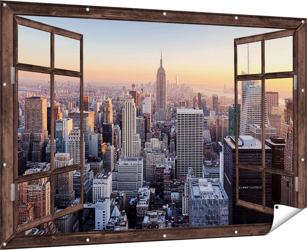 Gards Tuinposter Doorkijk New York Skyline met Wolkenkrabbers - 180x120 cm - Tuindoek - Tuindecoratie - Wanddecoratie buiten - Tuinschilderij Multikleur