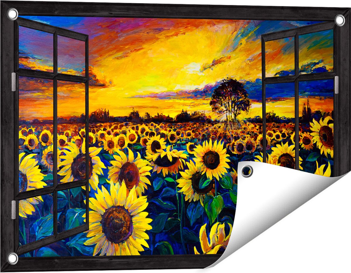 Gards Tuinposter Doorkijk Getekende Zonnebloemen Veld met Olieverf - 60x40 cm - Tuindoek - Tuindecoratie - Wanddecoratie buiten - Tuinschilderij Zwart