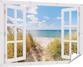 Gards Tuinposter Doorkijk Strand en Zee vanuit Duinen - 150x100 cm - Tuindoek - Tuindecoratie - Wanddecoratie buiten - Tuinschilderij