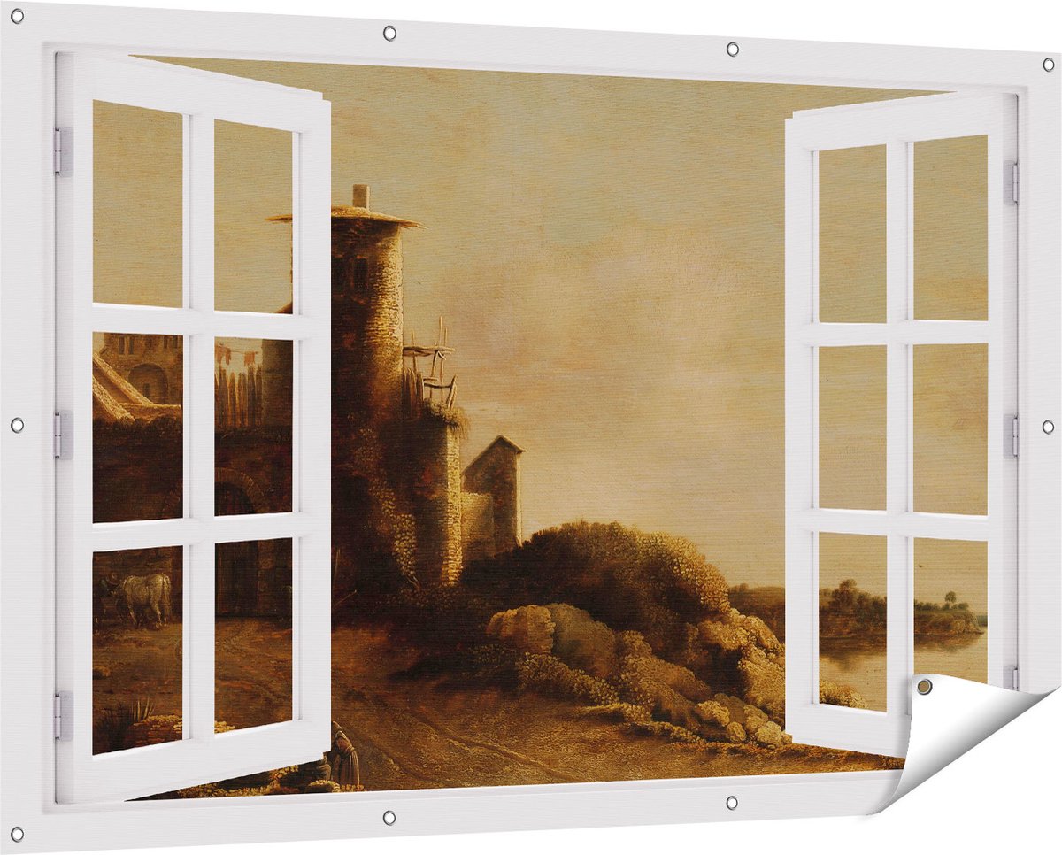 Gards Tuinposter Doorkijk Landschap - Claude de Jongh - 150x100 cm - Tuindoek - Tuindecoratie - Wanddecoratie buiten - Tuinschilderij Wit