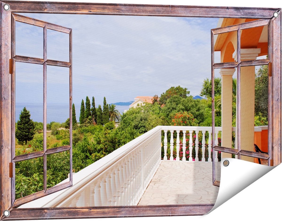 Gards Tuinposter Doorkijk Terras in Toscane - 90x60 cm - Tuindoek - Tuindecoratie - Wanddecoratie buiten - Tuinschilderij Bruin
