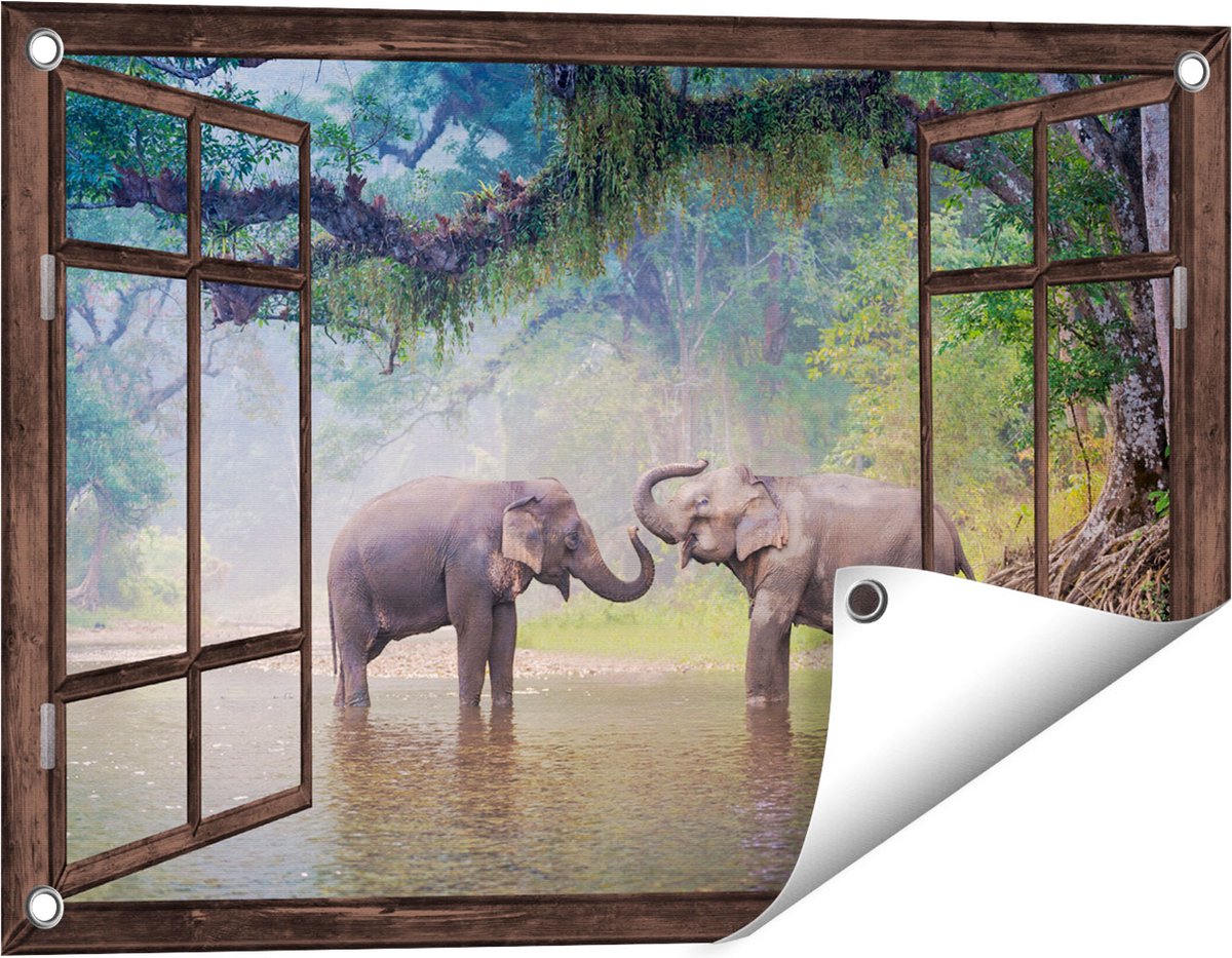 Gards Tuinposter Doorkijk Twee Olifanten in het Water - 60x40 cm - Tuindoek - Tuindecoratie - Wanddecoratie buiten - Tuinschilderij Donker bruin