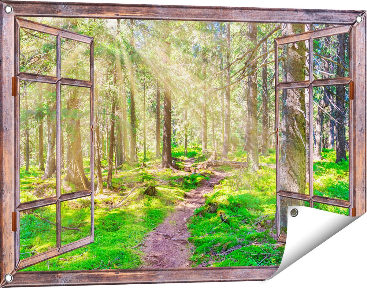 Gards Tuinposter Doorkijk Pad in Bos met Zon tussen de Bomen - 90x60 cm - Tuindoek - Tuindecoratie - Wanddecoratie buiten - Tuinschilderij Bruin