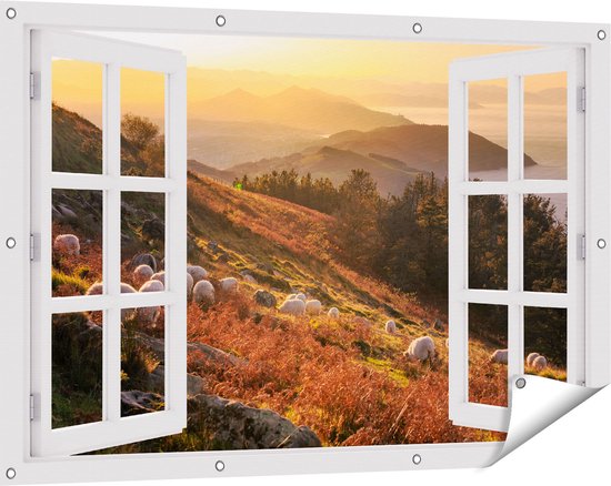 Gards Tuinposter Schapen in de Heuvels bij Zonsondergang - 110x110 cm