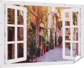 Gards Tuinposter Doorkijk Straatje in Rome met Groene Planten - 180x120 cm - Tuindoek - Tuindecoratie - Wanddecoratie buiten - Tuinschilderij