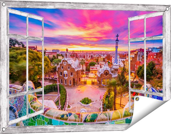 Gards Tuinposter Doorkijk Park Güell Uitzicht op Barcelona - 90x60 cm - Tuindoek - Tuindecoratie - Wanddecoratie buiten - Tuinschilderij