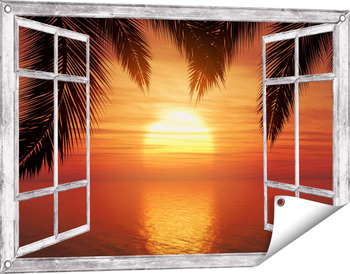 Gards Tuinposter Doorkijk Zonsondergang op het Strand met Palmbomen - 90x60 cm - Tuindoek - Tuindecoratie - Wanddecoratie buiten - Tuinschilderij Grijs