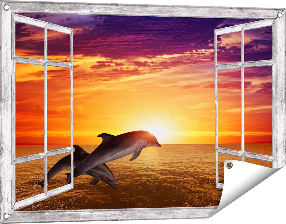 Gards Tuinposter Doorkijk Twee Dolfijnen bij de Zonsondergang - 90x60 cm - Tuindoek - Tuindecoratie - Wanddecoratie buiten - Tuinschilderij Grijs