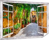 Gards Tuinposter Doorkijk Straatje in Rome met Groene Planten - 180x120 cm - Tuindoek - Tuindecoratie - Wanddecoratie buiten - Tuinschilderij