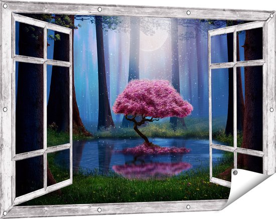 Gards Tuinposter Doorkijk Roze Boom op een Vijver in de Nacht - 120x80 cm - Tuindoek - Tuindecoratie - Wanddecoratie buiten - Tuinschilderij