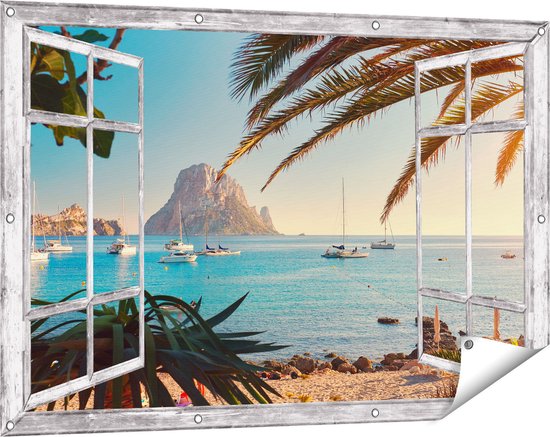 Gards Tuinposter Doorkijk Ibiza Cala d'Hort Strand - 120x80 cm - Tuindoek - Tuindecoratie - Wanddecoratie buiten - Tuinschilderij