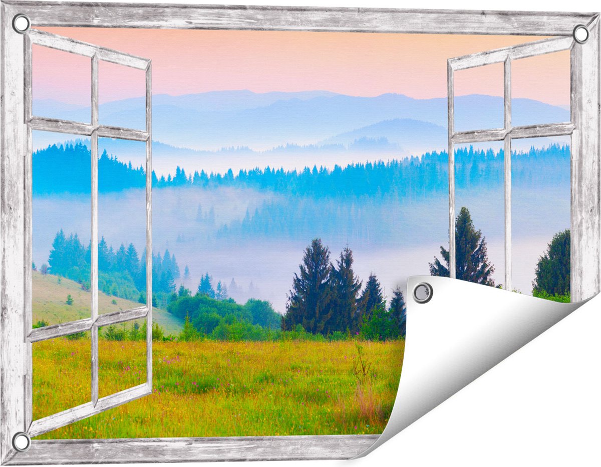 Gards Tuinposter Doorkijk Mistige Heuvel Landschap met Bossen - 60x40 cm - Tuindoek - Tuindecoratie - Wanddecoratie buiten - Tuinschilderij Grijs
