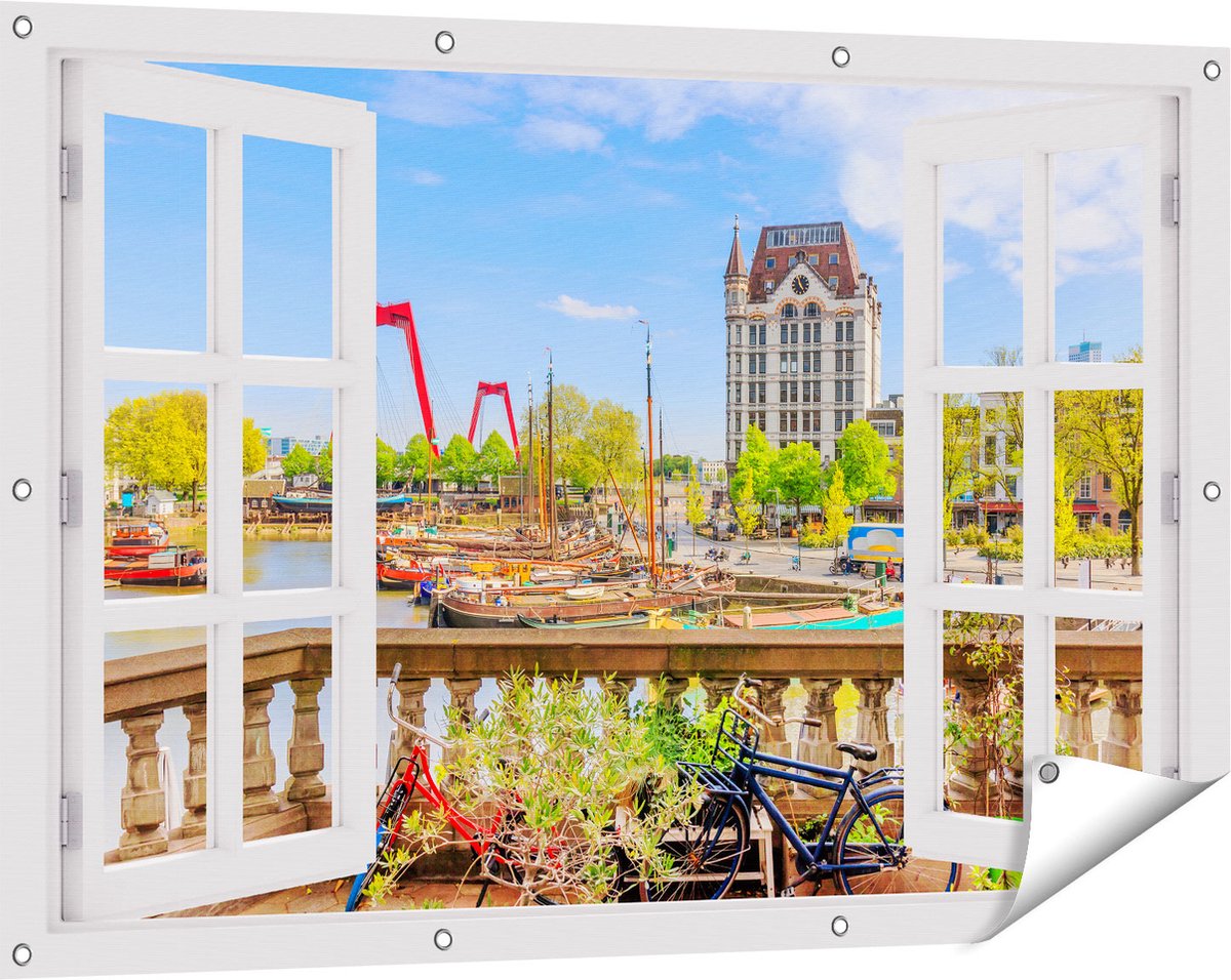 Gards Tuinposter Doorkijk Kleurrijke Oude Haven in Rotterdam - 120x80 cm - Tuindoek - Tuindecoratie - Wanddecoratie buiten - Tuinschilderij Wit