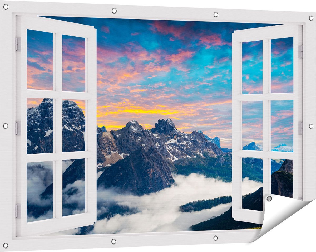 Gards Tuinposter Doorkijk Bergen Landschap met Wolken in Italië - 120x80 cm - Tuindoek - Tuindecoratie - Wanddecoratie buiten - Tuinschilderij Wit