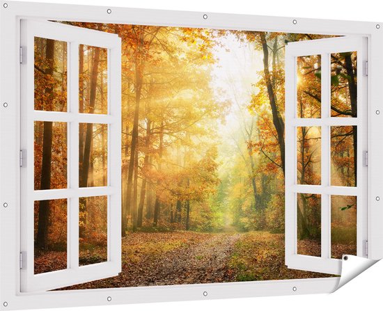 Affiche de jardin Gards transparente Forêt d'automne avec soleil - 180x120 cm - Toile de jardin - Décoration de jardin - Décoration murale extérieur - Tableau de jardin