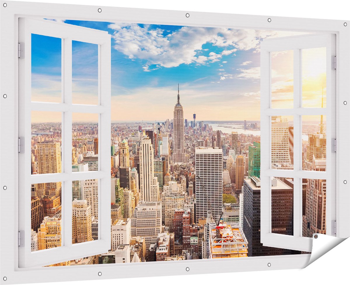 Gards Tuinposter Doorkijk New York Manhattan tijdens Zonsondergang - 180x120 cm - Tuindoek - Tuindecoratie - Wanddecoratie buiten - Tuinschilderij Multikleur