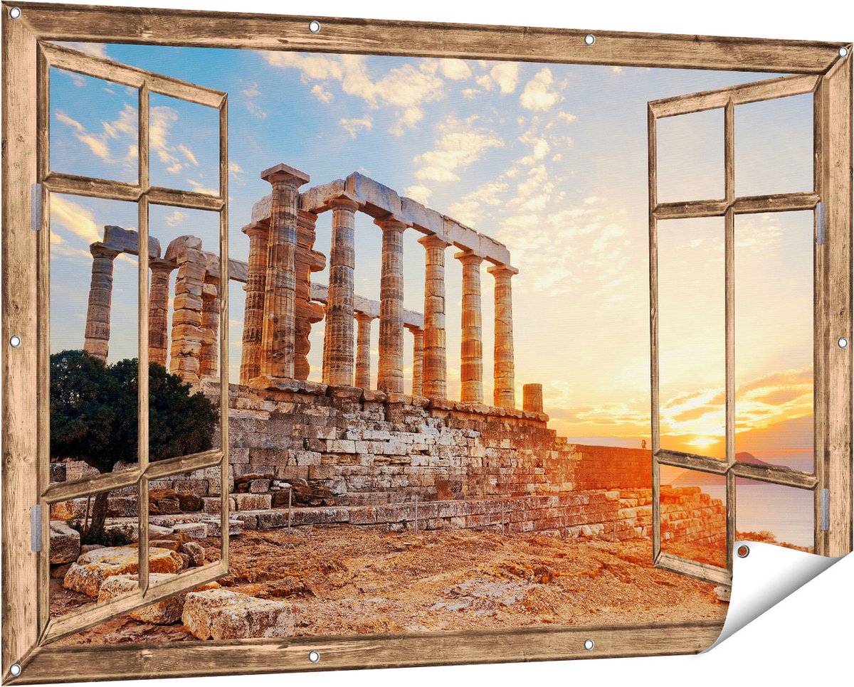 Gards Tuinposter Doorkijk Tempel van Poseidon in Athene, Griekenland - 150x100 cm - Tuindoek - Tuindecoratie - Wanddecoratie buiten - Tuinschilderij Licht bruin