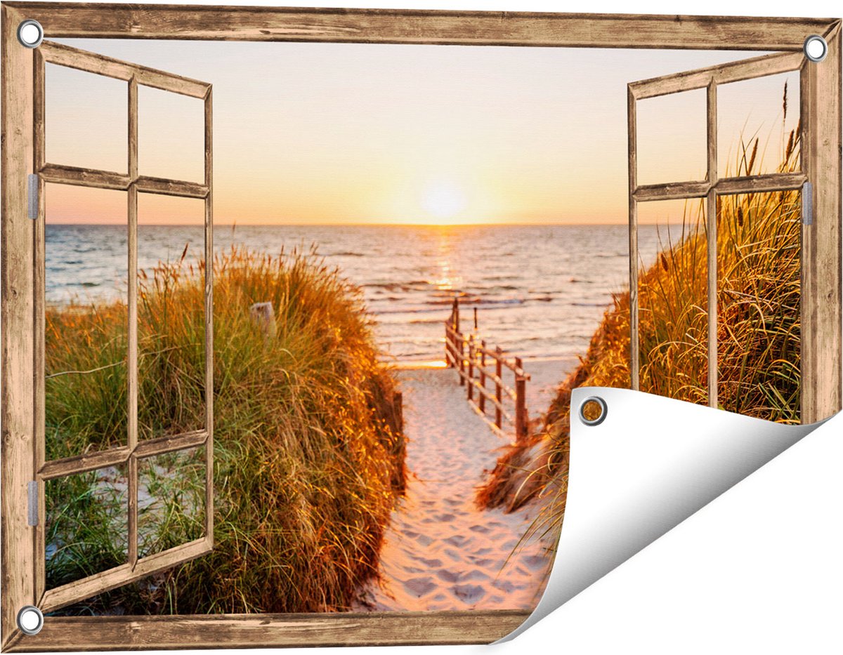 Gards Tuinposter Doorkijk Voetpad in de Duinen met Zonsondergang - 60x40 cm - Tuindoek - Tuindecoratie - Wanddecoratie buiten - Tuinschilderij licht bruin