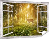 Gards Tuinposter Doorkijk Hert in Bos met Zon - 150x100 cm - Tuindoek - Tuindecoratie - Wanddecoratie buiten - Tuinschilderij