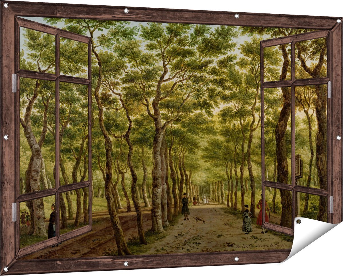 Gards Tuinposter Doorkijk Het Herepad in het Haagse Bos - Paulus Constantijn la Fargue - 150x100 cm - Tuindoek - Tuindecoratie - Wanddecoratie buiten - Tuinschilderij Donker bruin
