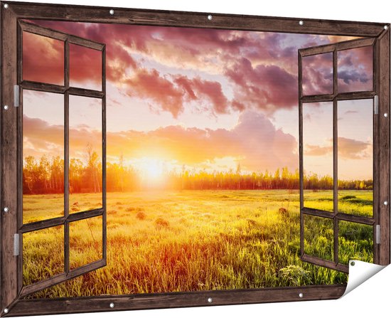 Gards Tuinposter Doorkijk Zonsopkomst in het Veld - 180x120 cm - Tuindoek - Tuindecoratie - Wanddecoratie buiten - Tuinschilderij