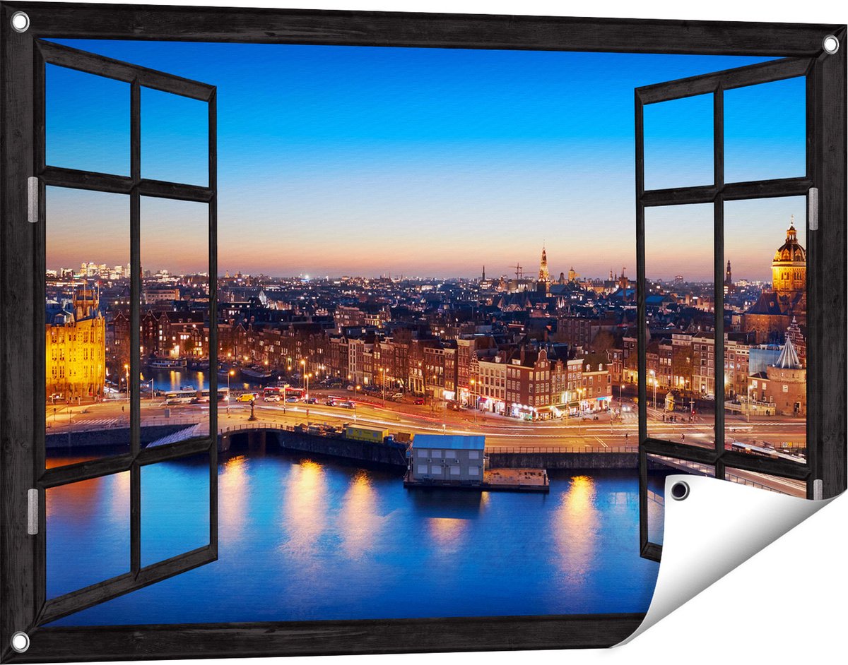 Gards Tuinposter Doorkijk Amsterdam Centrum in de Nacht - 90x60 cm - Tuindoek - Tuindecoratie - Wanddecoratie buiten - Tuinschilderij zwart
